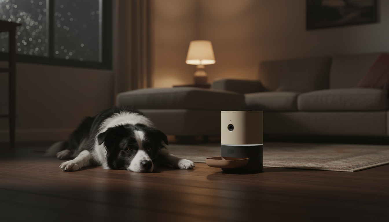 A calm dog resting on hardwood floor at night during a storm, beside the Pawvlov device