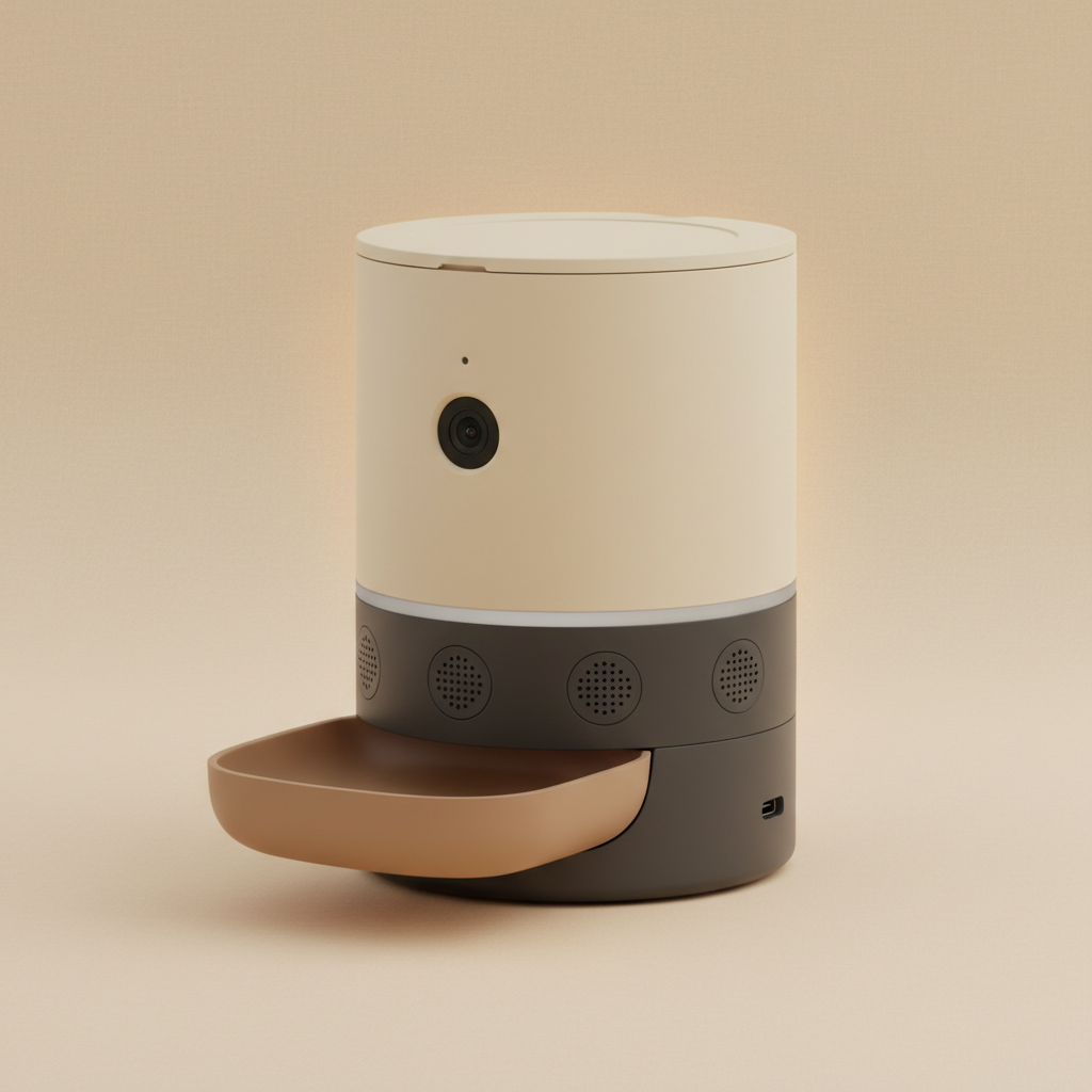 Pawvlov M — studio render, three-quarter front-left angle, matte off-white dome with acoustic mesh band